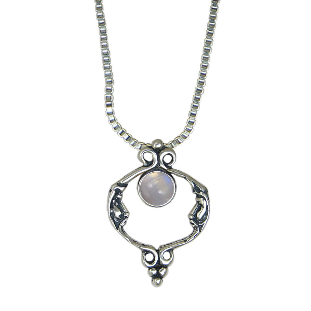 Sterling Silver Unusual Double Moon Necklace With Rainbow Moonstone